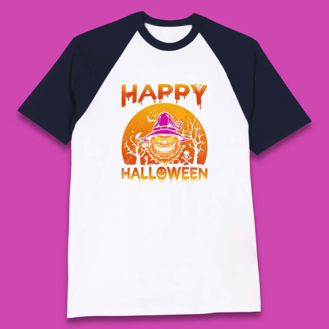 Happy Halloween Monster Pumpkin With Witch Hat Horror Scary Spooky Season Baseball T Shirt