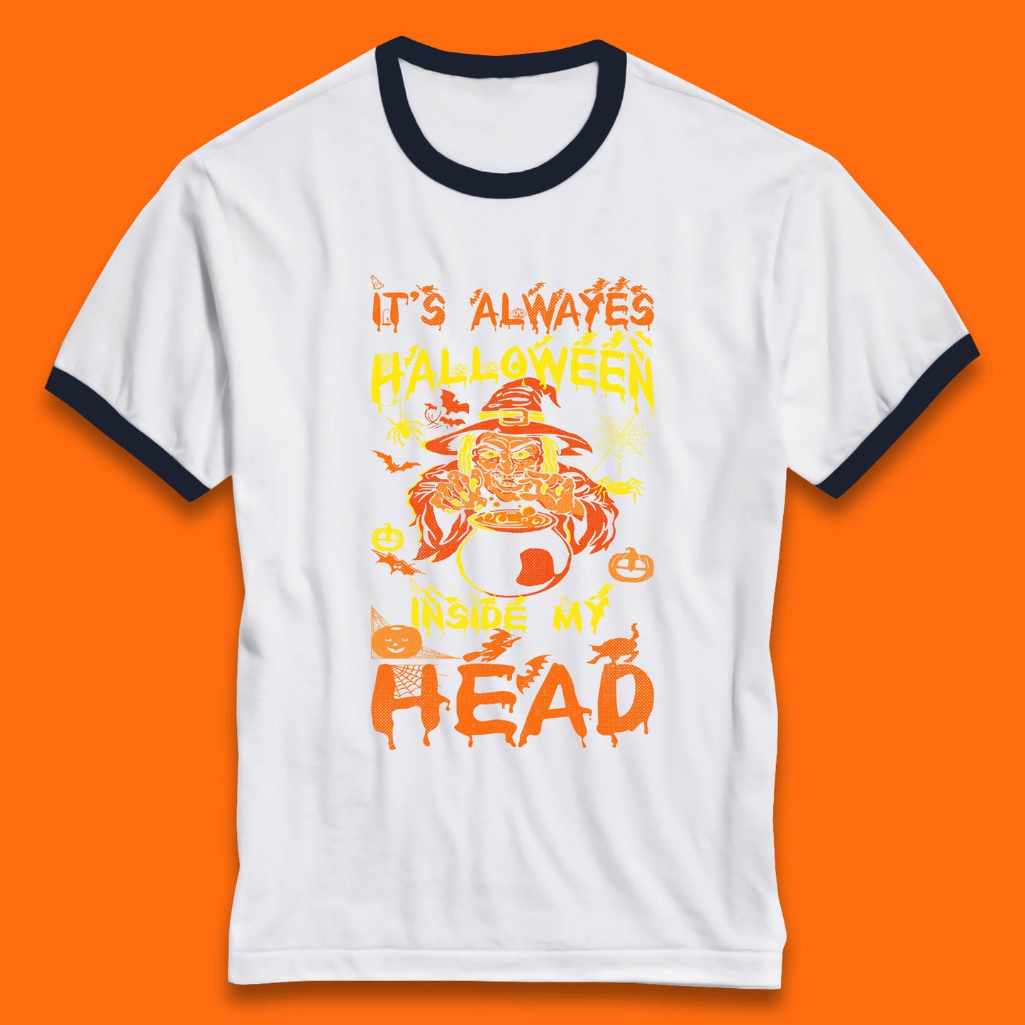It's Always Halloween Inside My Head Witch Cooking A Magic Potion In The Cauldron (Stew Pot) Halloween Ringer T Shirt