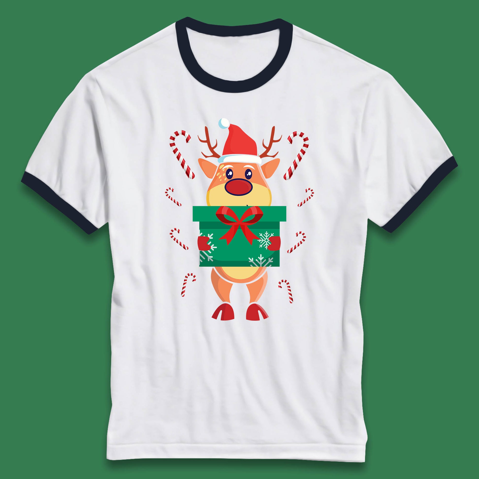 reindeer holding gift christmas ringer t shirt