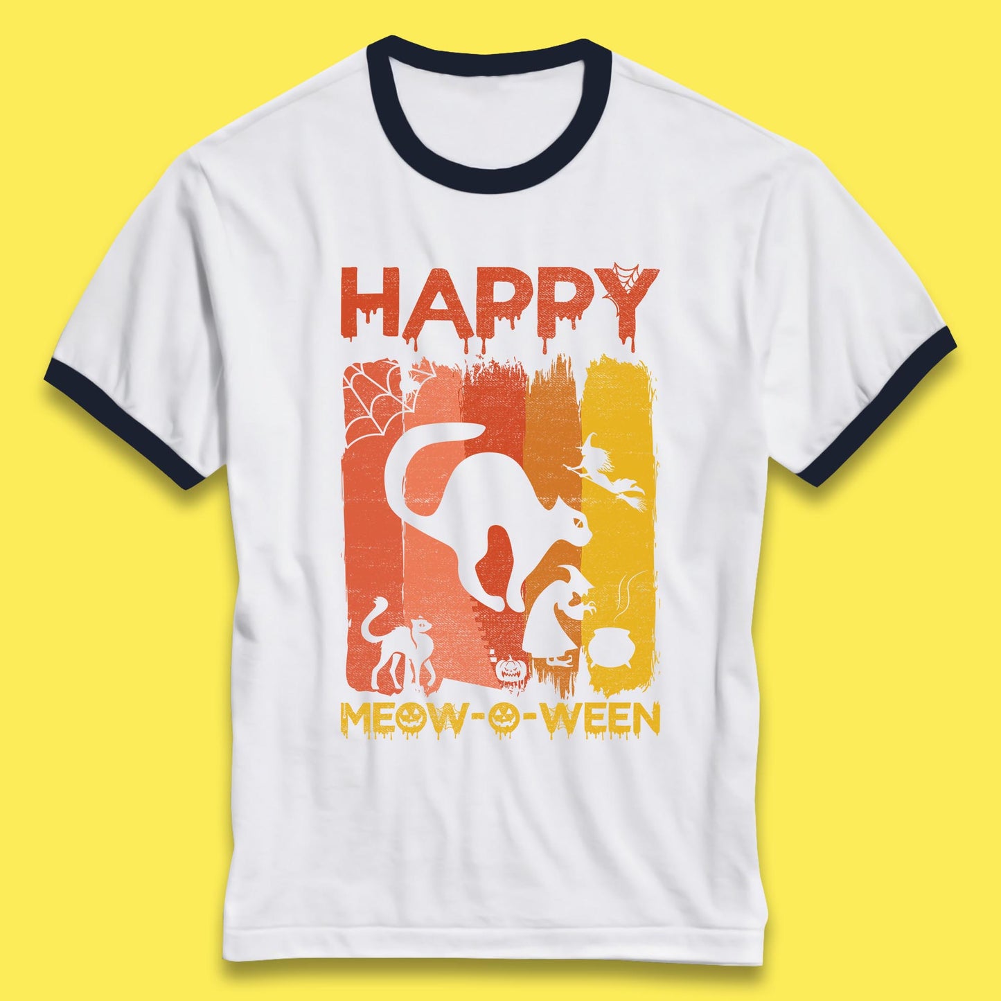 Happy Meow-O-ween Funny Halloween Black Cat Scary Spooky Ringer T Shirt