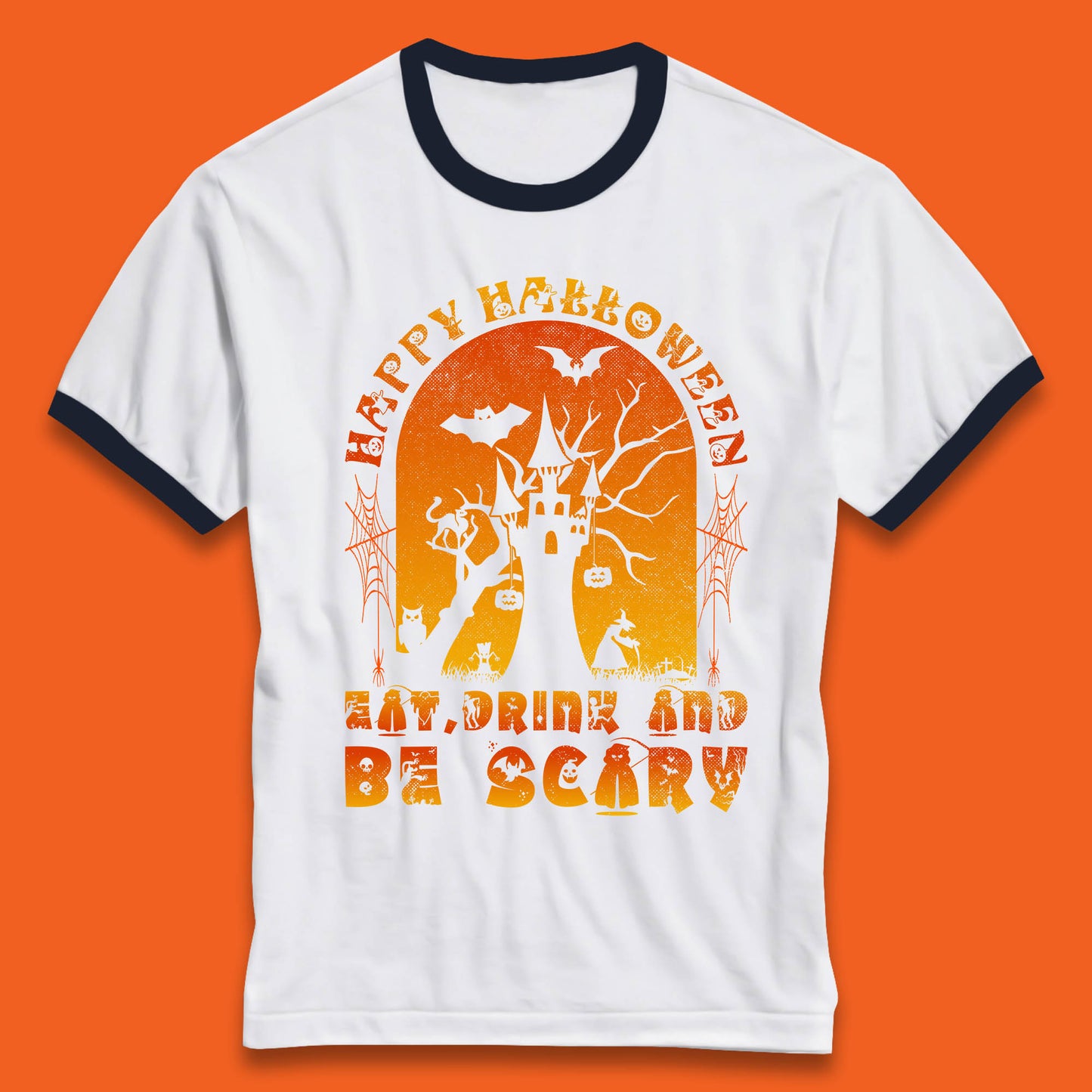 Happy Halloween Eat Drink And Be Scary Spooky Horror Hunted House Festive Gift Ringer T Shirt