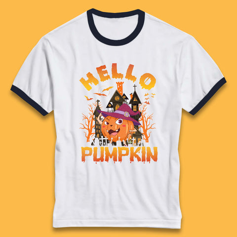 Hello Pumpkin Cartoon Halloween Pumpkin With Witch Hat Devil Smile Haunted Castle Ringer T Shirt