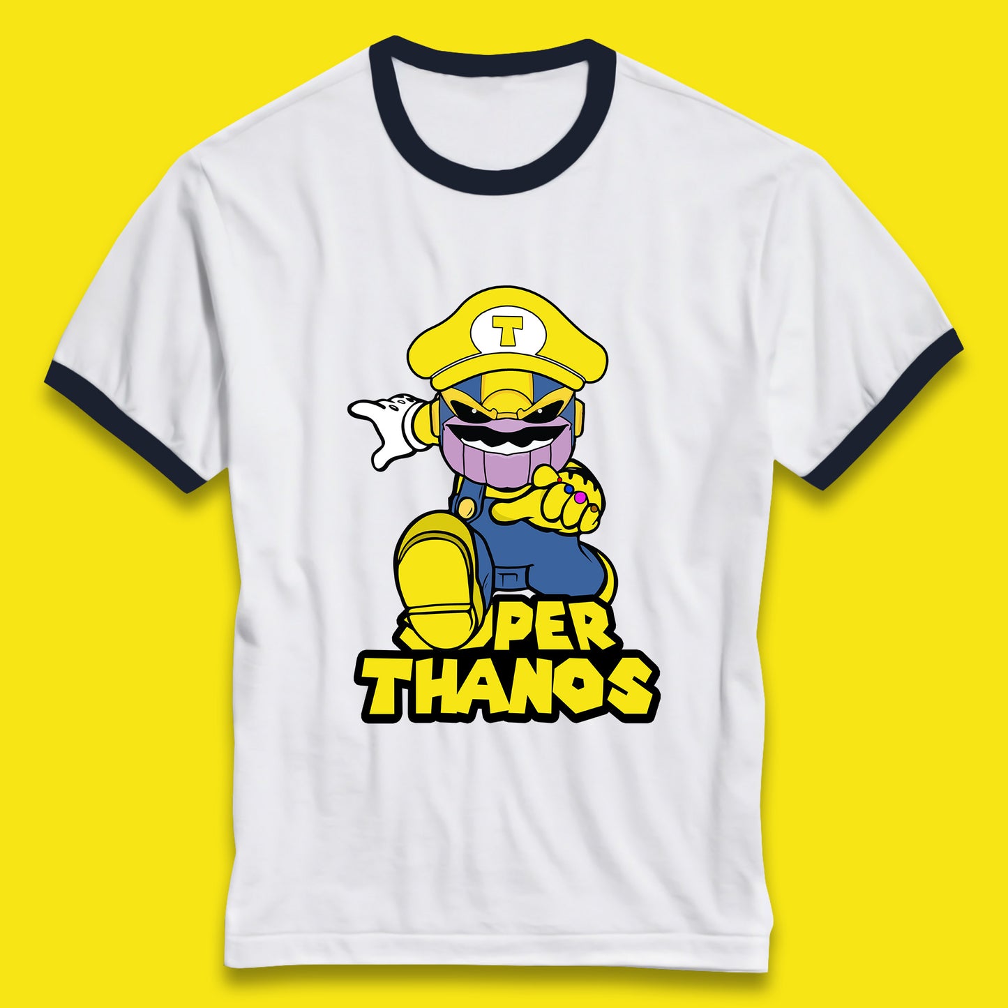 Super Thanos Marvel Infinity Gauntlet Super Mario Spoof Marvel Nintendo Game Series Wario Thanos Fictional Character Ringer T Shirt