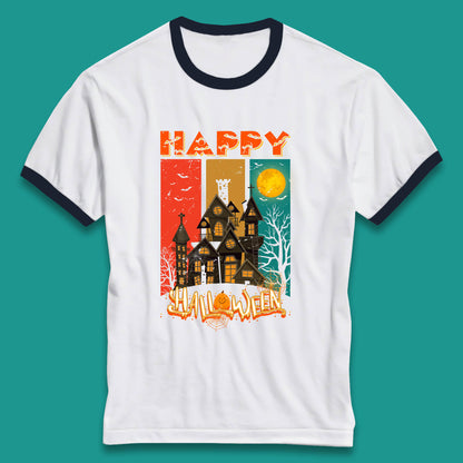 Happy Halloween Vintage Style Horror Scary Haunted House Ringer T Shirt