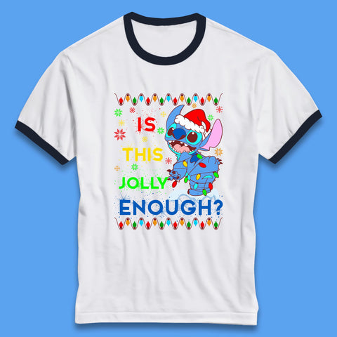 Is This Jolly Enough? Disney Christmas Funny Santa Stitch Xmas Lights Lilo And Stitch Ringer T Shirt