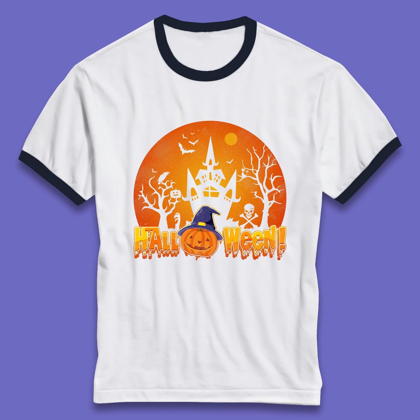 Halloween Pumpkin Witch Hat Haunted Castle Flying Bats Skull Bones Scary Dark Night Ringer T Shirt