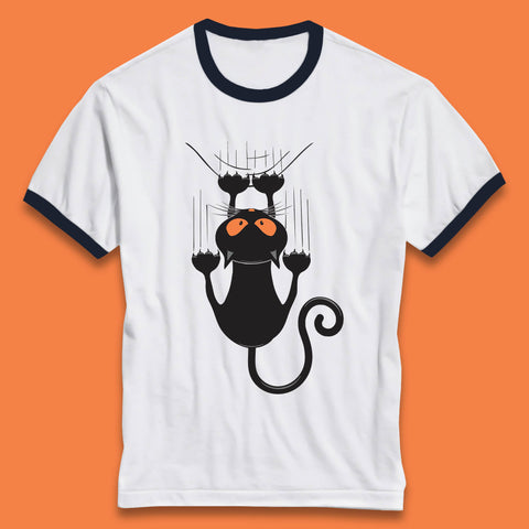 Black Cat Cartoon Scratching Climbing Wall Halloween Horror Scary Black Cat Spooky Season Ringer T Shirt