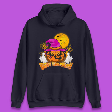 Happy Halloween Pumpkin Witch Hat Jack-o'-lantern With Full Moon Flying Bats Horror Scary Boo Ghost Unisex Hoodie