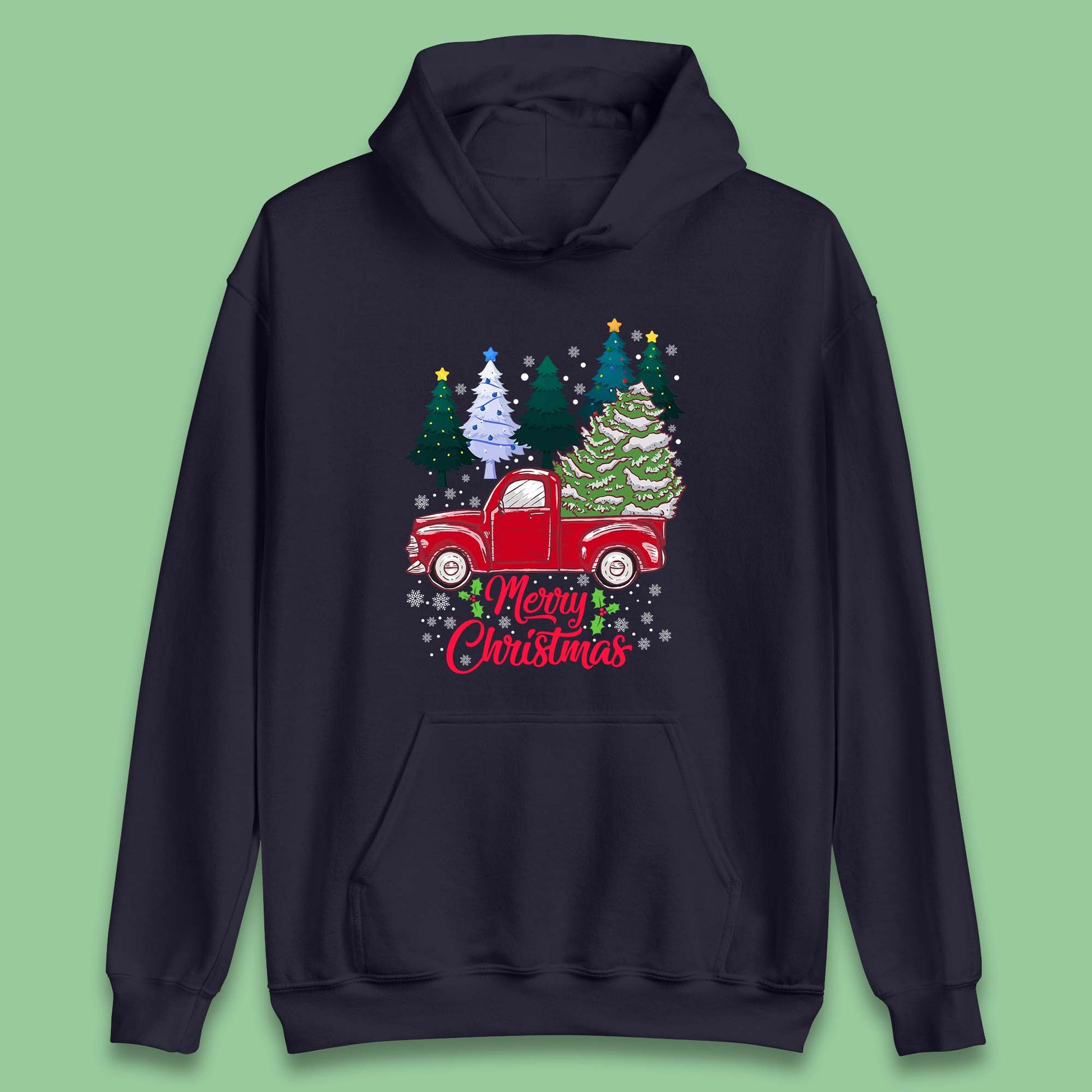 merry christmas red retro truck hoodie