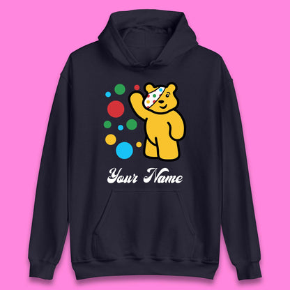 Personalised Spotty Pudsey Bear Hand Waving Dotty Spot Your Name Fundraising Spotty Bear Spotty Day Unisex Hoodie