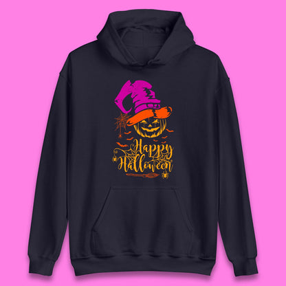 Happy Halloween Witch Hat Pumpkin Horror Scary Jack-o-lantern Flying Bats Unisex Hoodie