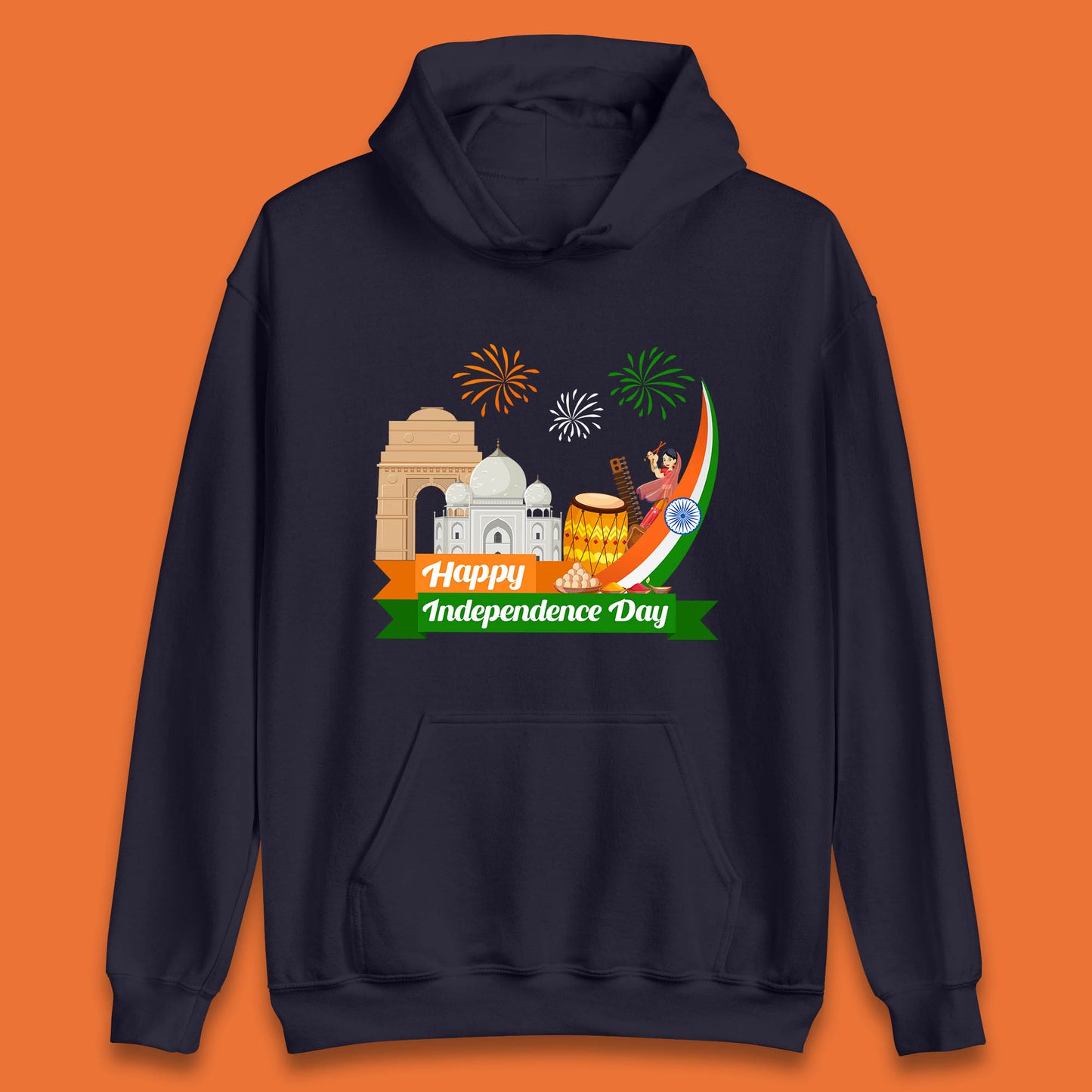 Happy India Independence Day 15th August Patriotic Indian Flag India Architectural Landmarks Unisex Hoodie