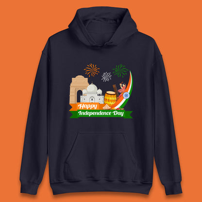 Happy India Independence Day 15th August Patriotic Indian Flag India Architectural Landmarks Unisex Hoodie