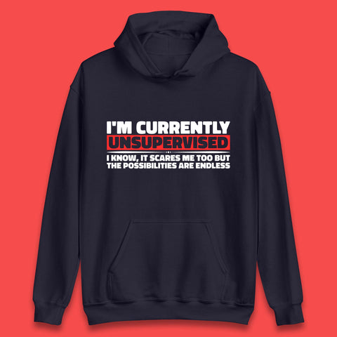 I'm Currently Unsupervised I Know It Scares Me Out Too But The Possibilities Are Endless Hilarious Funny Saying Unisex Hoodie