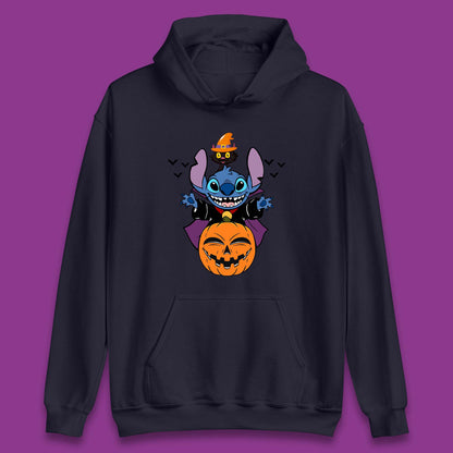 Disney Halloween Pumpkin Devil Stitch With Black Cat Horror Scary Disney Lilo & Stitch Unisex Hoodie