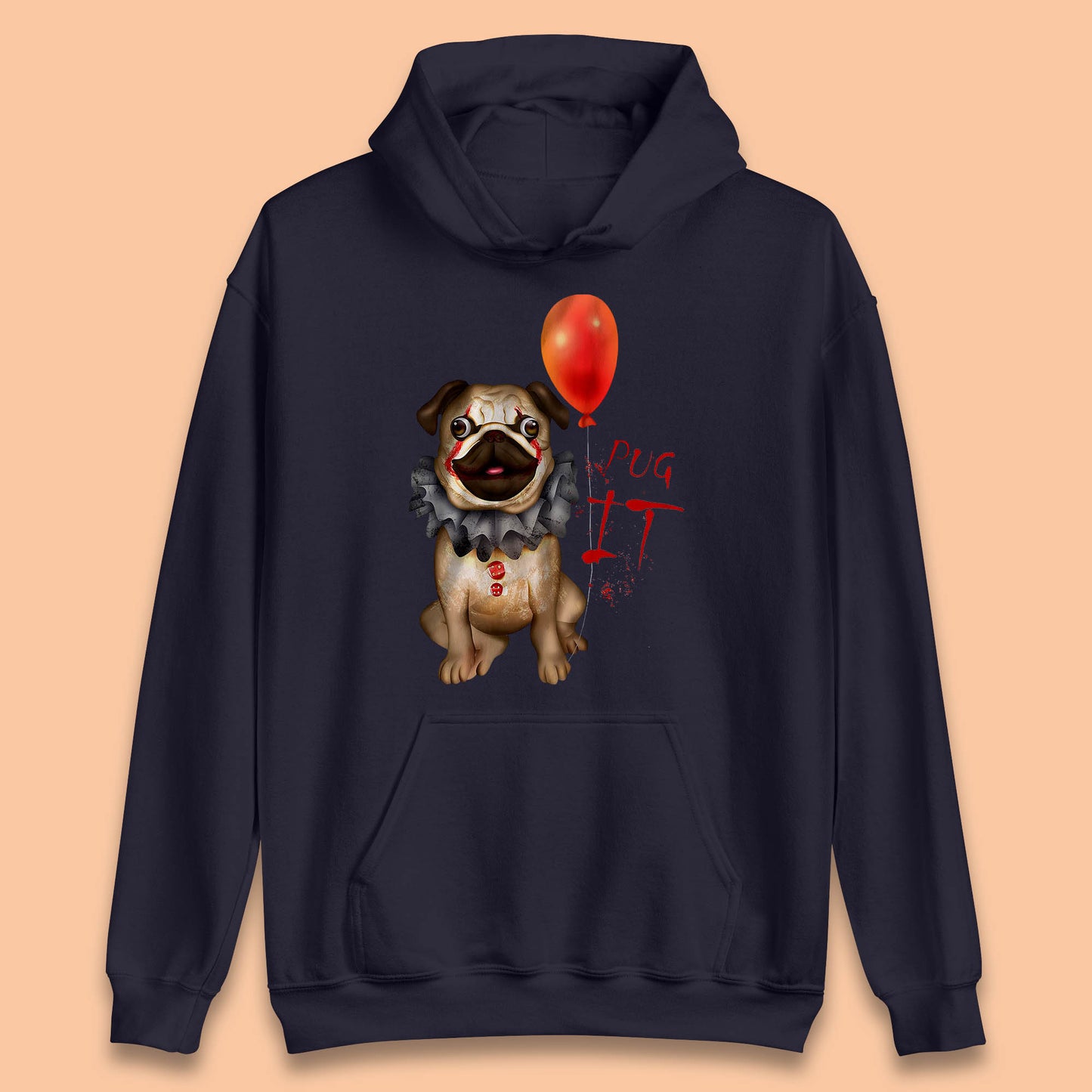 Pug IT Pennywise Clown Dog Spoof Halloween Pug Dog Costume Horror Movie Serial Killer Unisex Hoodie