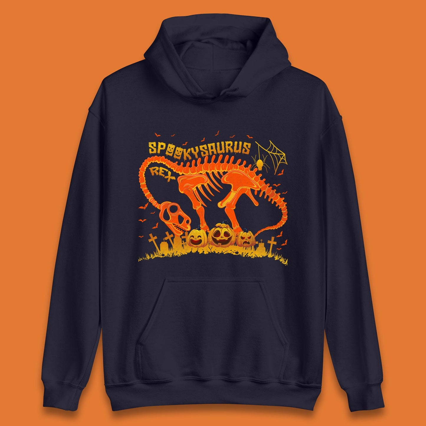 Spooky Saurus Rex Halloween Dinosaur T-Rex Skeleton With Scary Pumpkins Unisex Hoodie