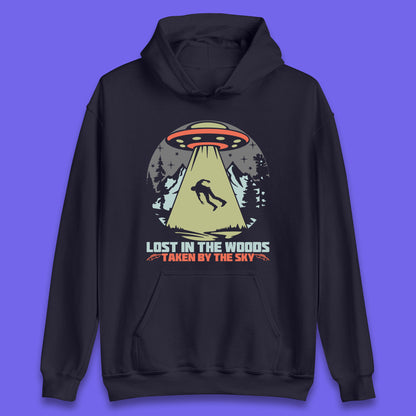 Lost In The Woods Taken By Sky Bigfoot Funny Sasquatch Getting Abducted By Aliens Camping Unisex Hoodie