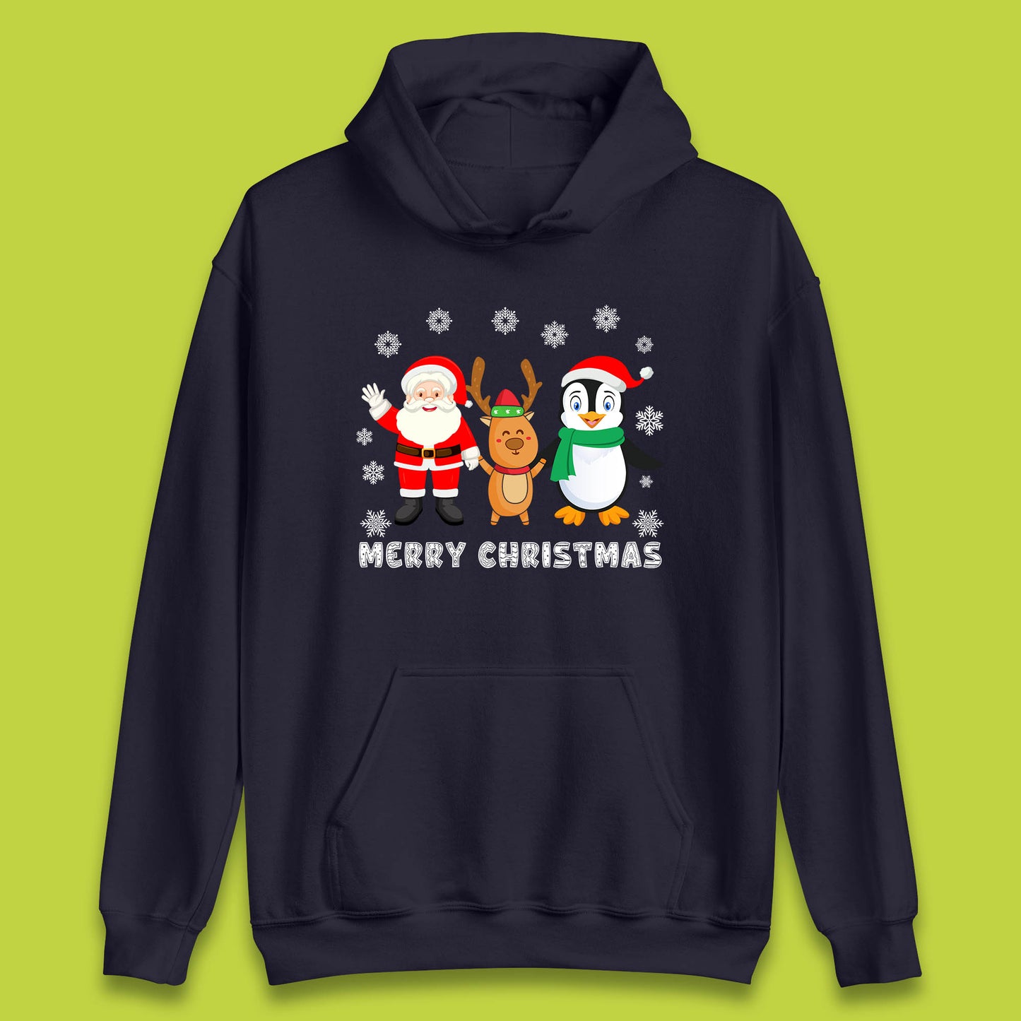 merry christmas penguin santa claus and reindeer hoodie