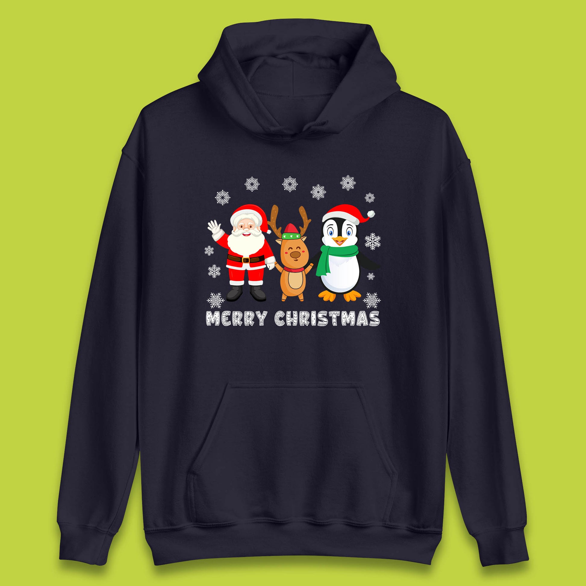 merry christmas penguin santa claus and reindeer hoodie