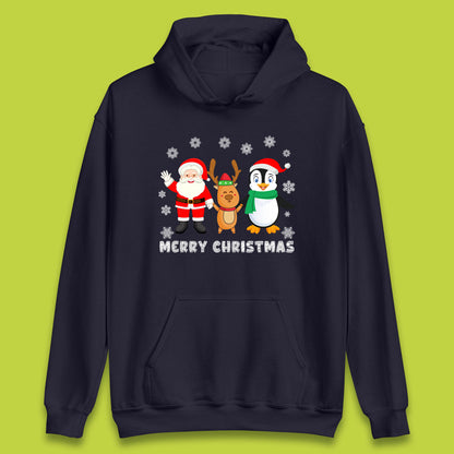 merry christmas penguin santa claus and reindeer hoodie