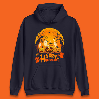 Happy Halloween Jack O Lantern Pumpkins Scary Boo Ghost Haunted Trees Unisex Hoodie