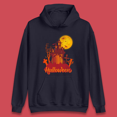 Halloween Lettering With Full Moon Scary Haunted House Flying Bats Horror Graveyard Unisex Hoodie