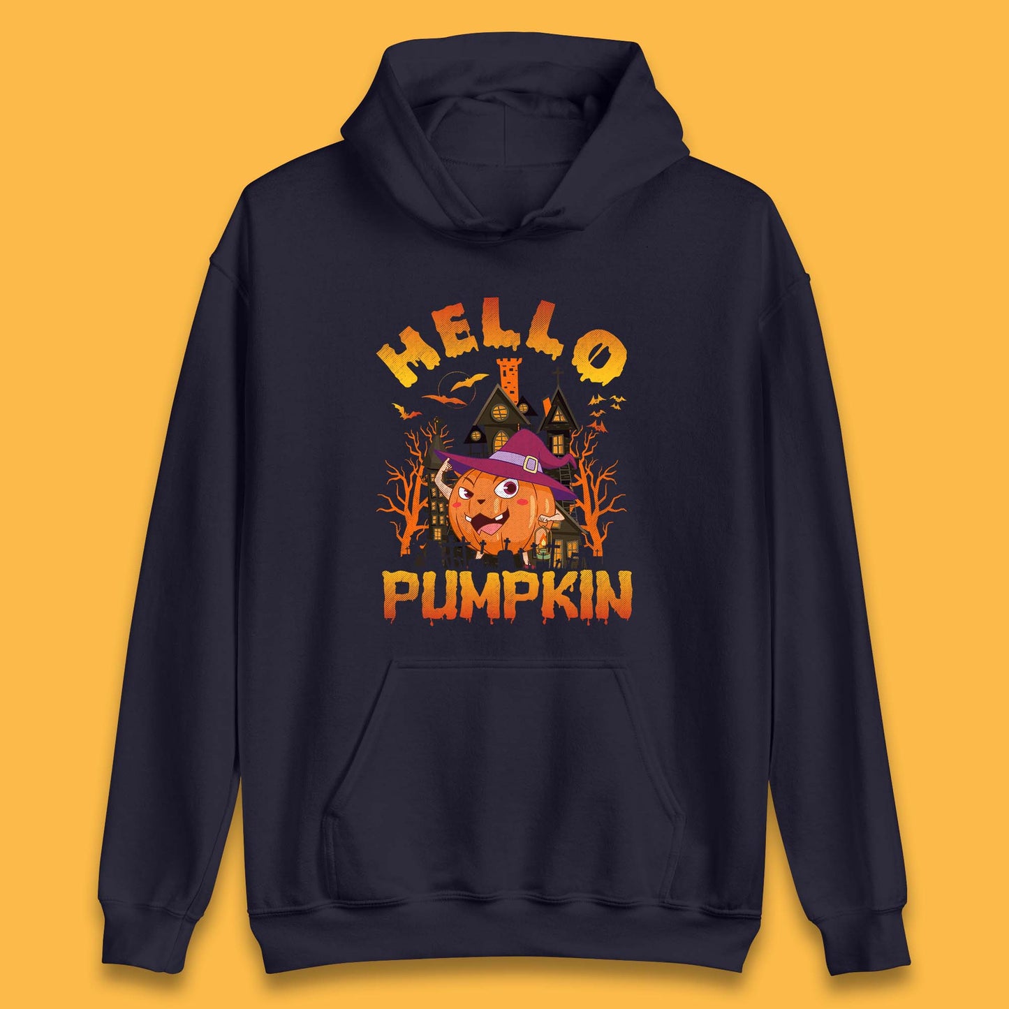 Hello Pumpkin Cartoon Halloween Pumpkin With Witch Hat Devil Smile Haunted Castle Unisex Hoodie