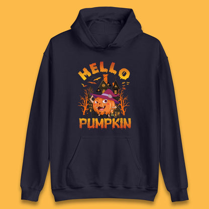 Hello Pumpkin Cartoon Halloween Pumpkin With Witch Hat Devil Smile Haunted Castle Unisex Hoodie