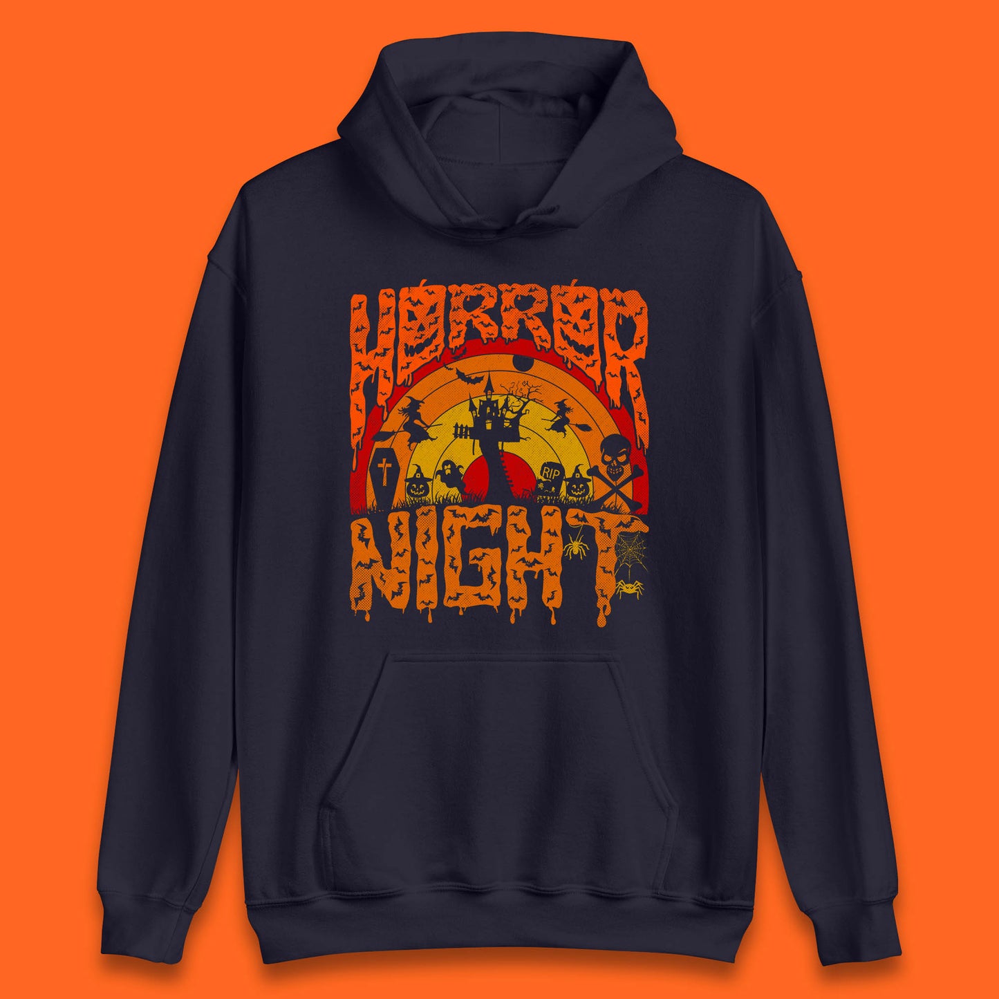 Halloween Horror Night Vintage Rainbow Flying witches Scary Boo Spooky Festive Night Unisex Hoodie