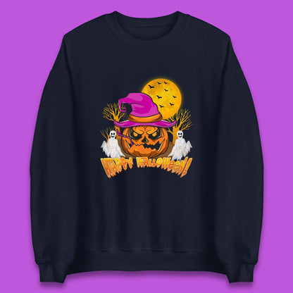 Happy Halloween Pumpkin Witch Hat Jack-o'-lantern With Full Moon Flying Bats Horror Scary Boo Ghost Unisex Sweatshirt