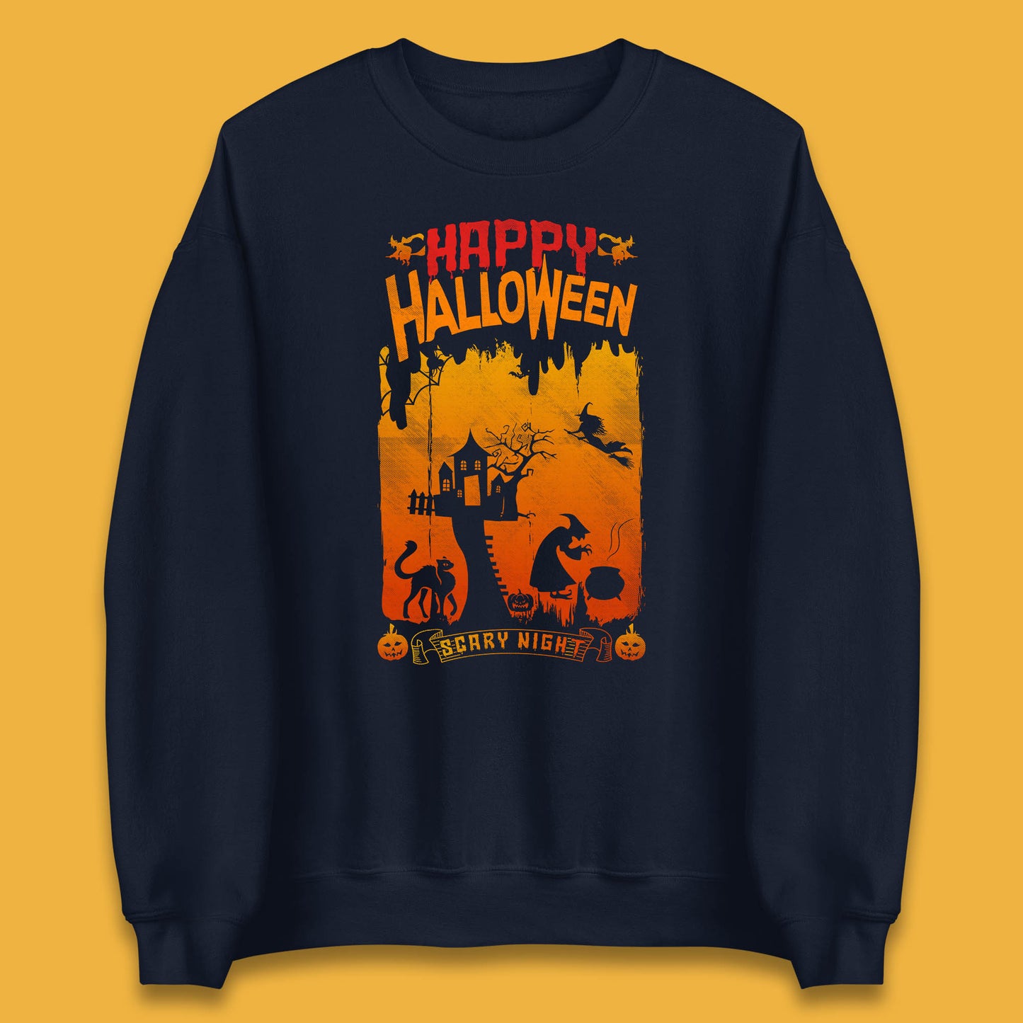 Happy Halloween Horror Hunted House Flying Witch Scary Spooky Night Unisex Sweatshirt