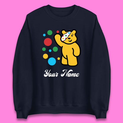 Personalised Spotty Pudsey Bear Hand Waving Dotty Spot Your Name Fundraising Spotty Bear Spotty Day Unisex Sweatshirt