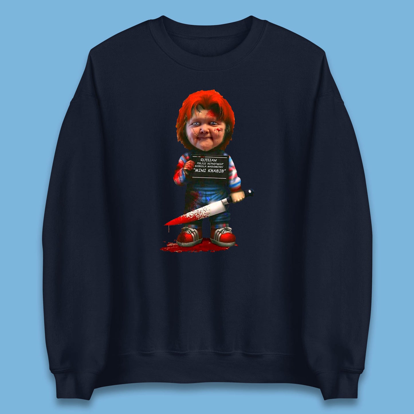 Chucky Mug Shot Russian Police Dept Hasbulla Magomedov Chucky Mini Khabib Inspired Halloween Horror Movie Good Guy Chucky Unisex Sweatshirt