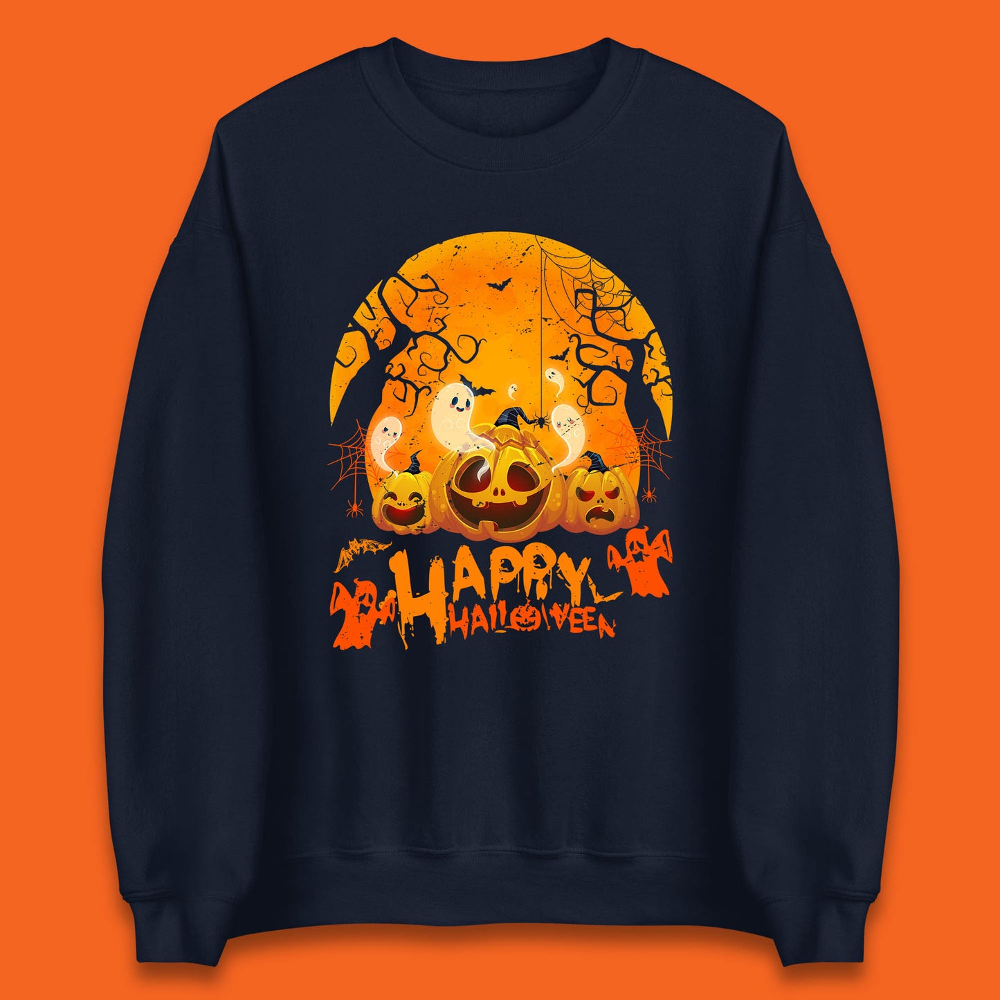 Happy Halloween Jack O Lantern Pumpkins Scary Boo Ghost Haunted Trees Unisex Sweatshirt