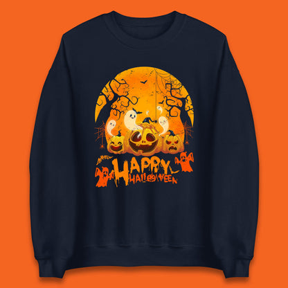 Happy Halloween Jack O Lantern Pumpkins Scary Boo Ghost Haunted Trees Unisex Sweatshirt