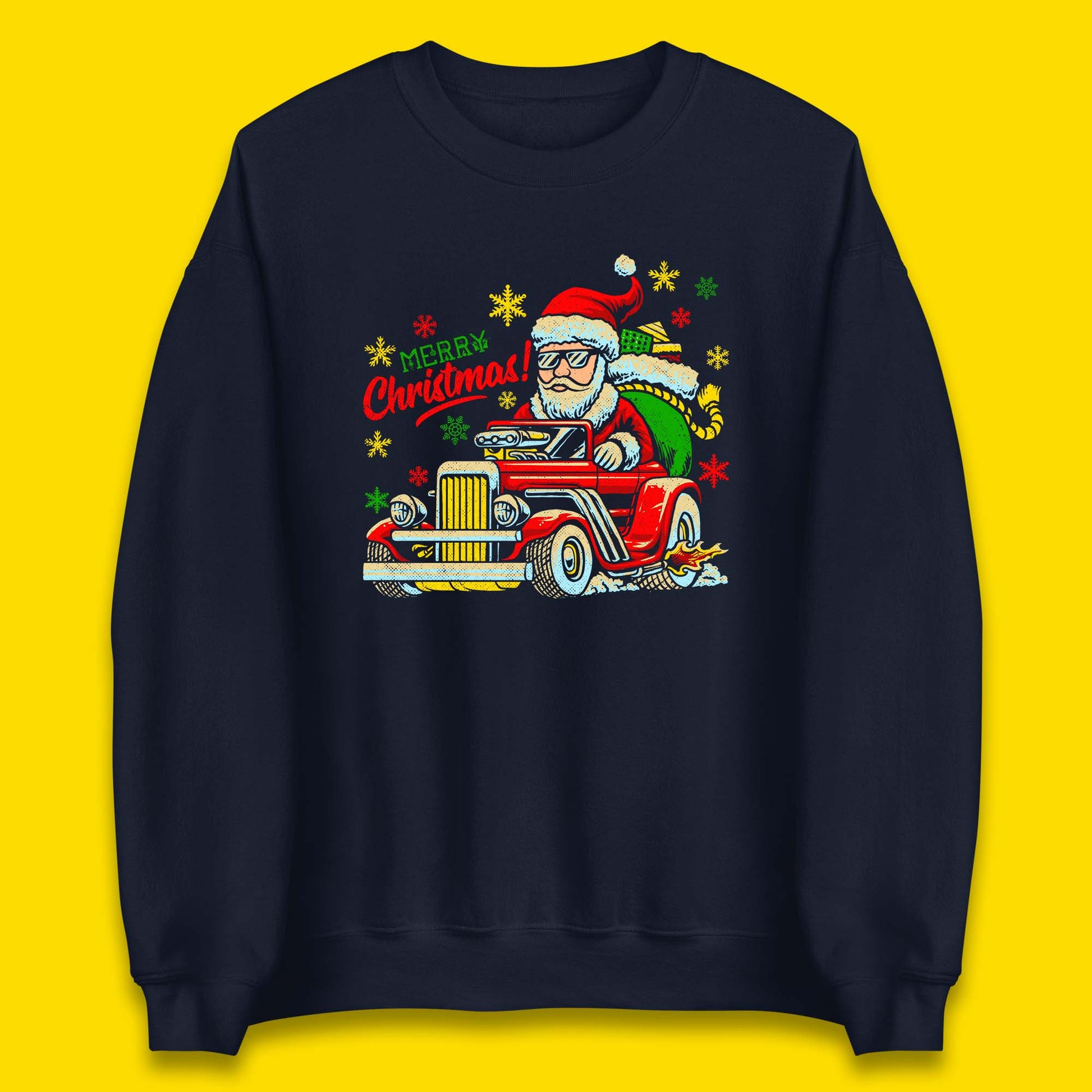 santa drives a hot rod car sweatshirt