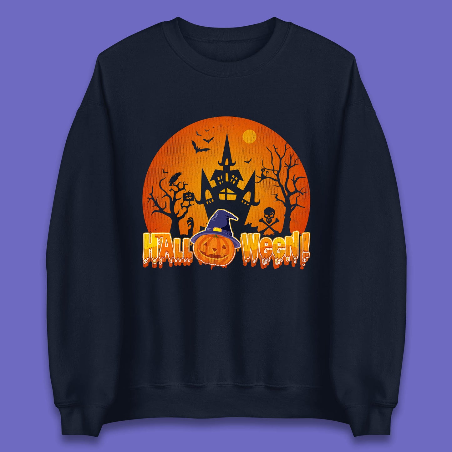 Halloween Pumpkin Witch Hat Haunted Castle Flying Bats Skull Bones Scary Dark Night Unisex Sweatshirt