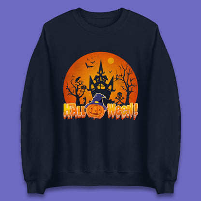 Halloween Pumpkin Witch Hat Haunted Castle Flying Bats Skull Bones Scary Dark Night Unisex Sweatshirt