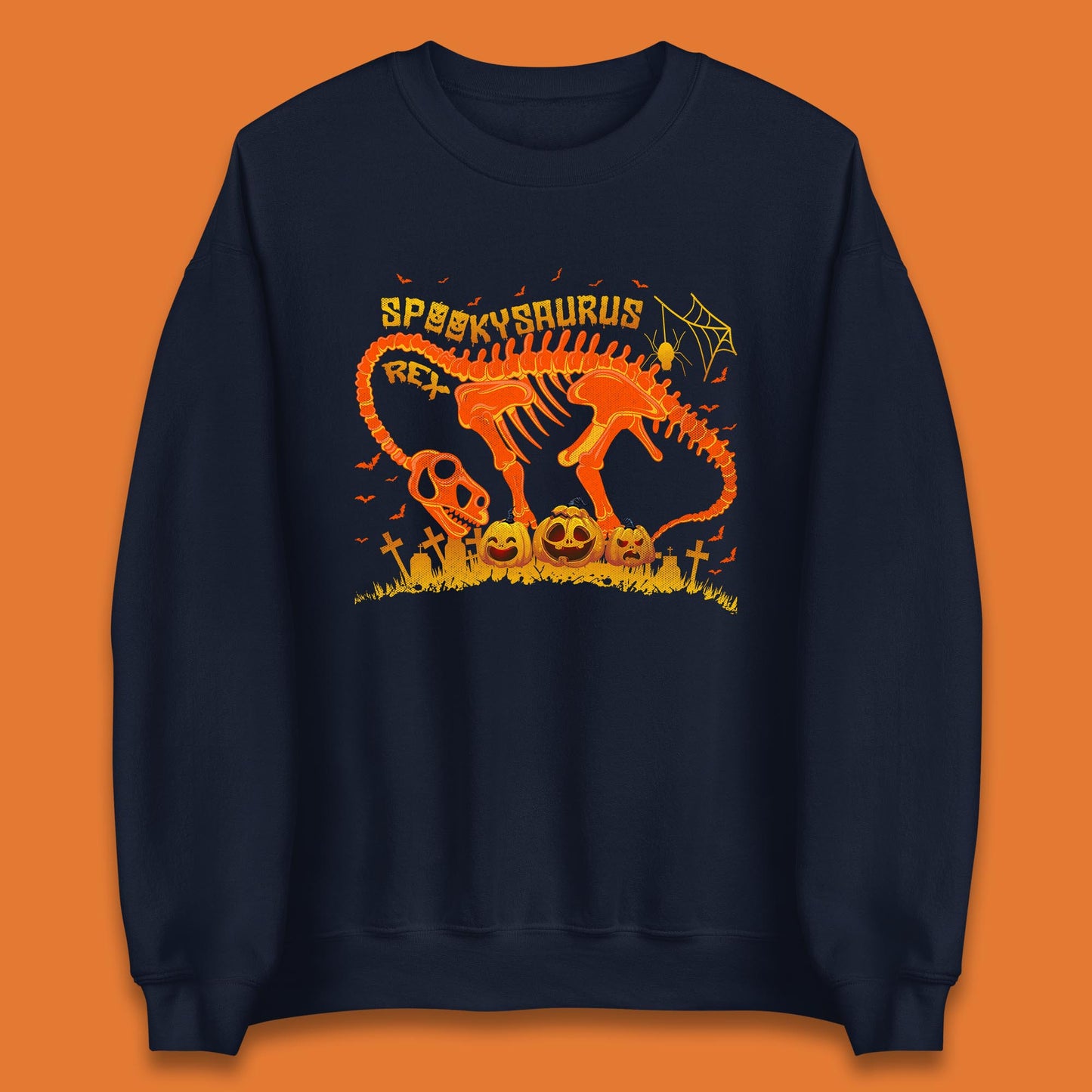 Spooky Saurus Rex Halloween Dinosaur T-Rex Skeleton With Scary Pumpkins Unisex Sweatshirt