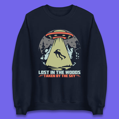 Lost In The Woods Taken By Sky Bigfoot Funny Sasquatch Getting Abducted By Aliens Camping Unisex Sweatshirt