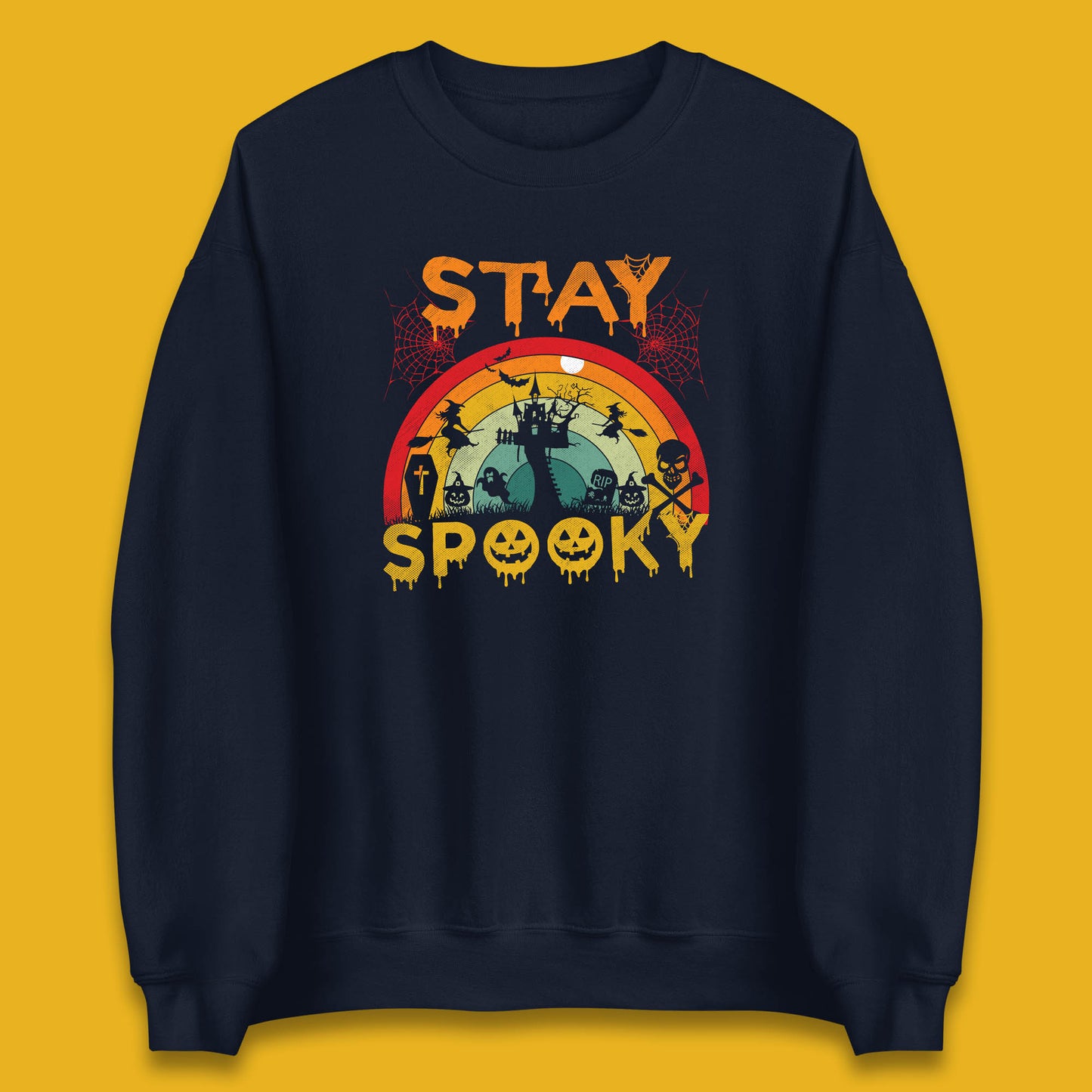Stay Spooky Vintage Halloween Hunted House Dark Night Full Moon And Flying Bats Unisex Sweatshirt