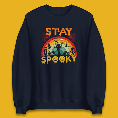 Stay Spooky Vintage Halloween Hunted House Dark Night Full Moon And Flying Bats Unisex Sweatshirt