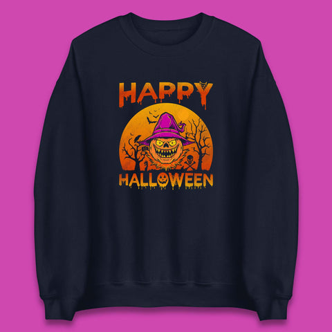 Happy Halloween Monster Pumpkin With Witch Hat Horror Scary Spooky Season Unisex Sweatshirt