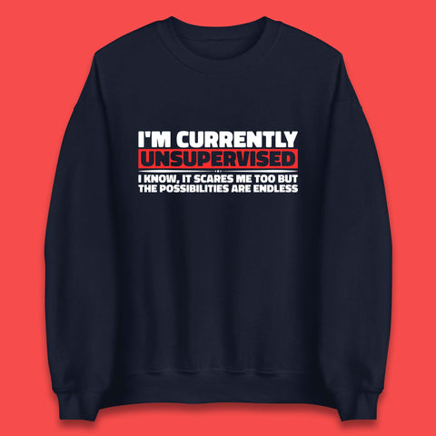 I'm Currently Unsupervised I Know It Scares Me Out Too But The Possibilities Are Endless Hilarious Funny Saying Unisex Sweatshirt