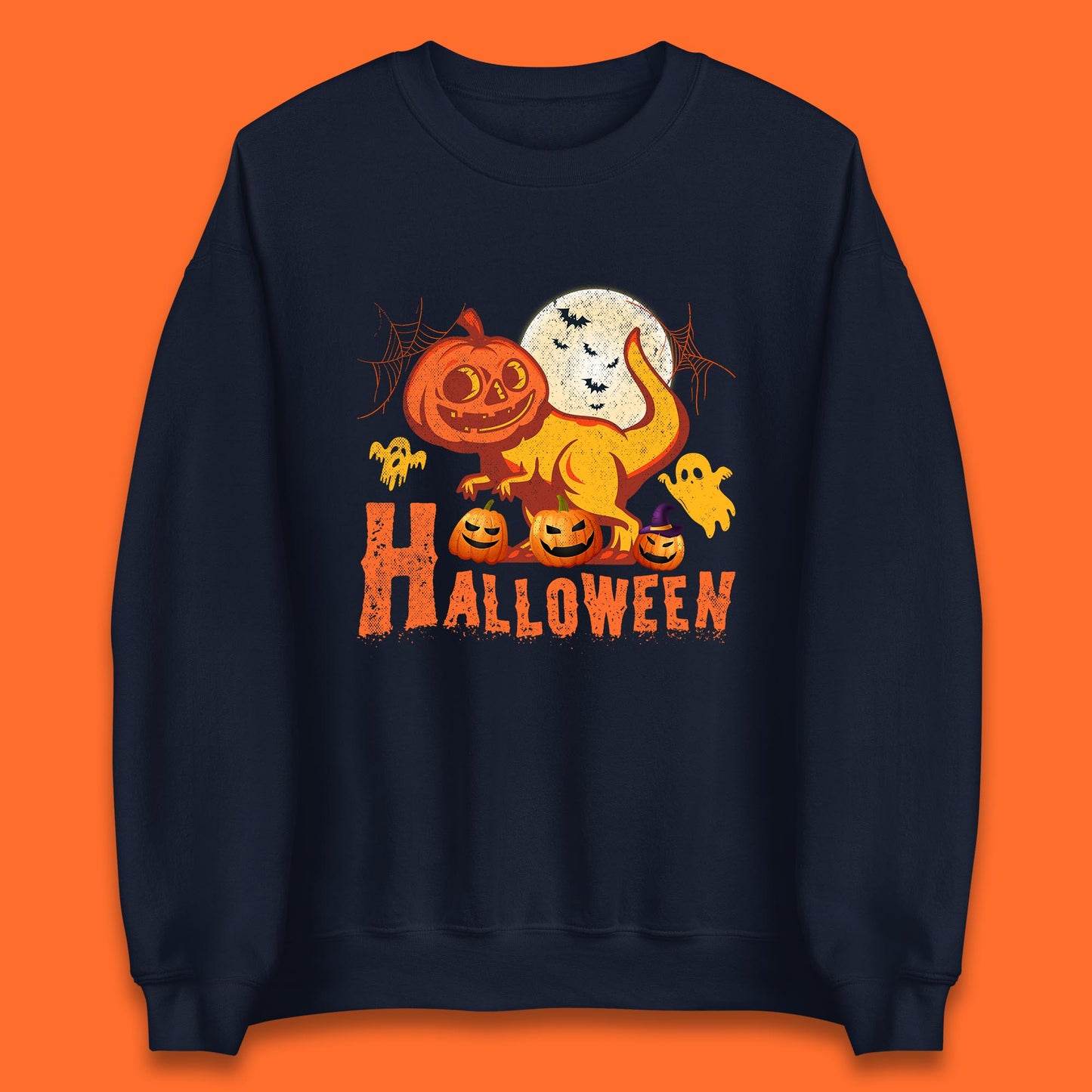 Halloween Dinosaur Jack O Lantern T-Rex Funny Dino Pumpkin Scary Boo and Bats Festive Costume Unisex Sweatshirt
