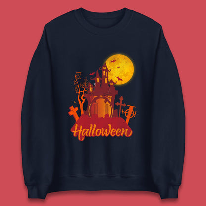Halloween Lettering With Full Moon Scary Haunted House Flying Bats Horror Graveyard Unisex Sweatshirt