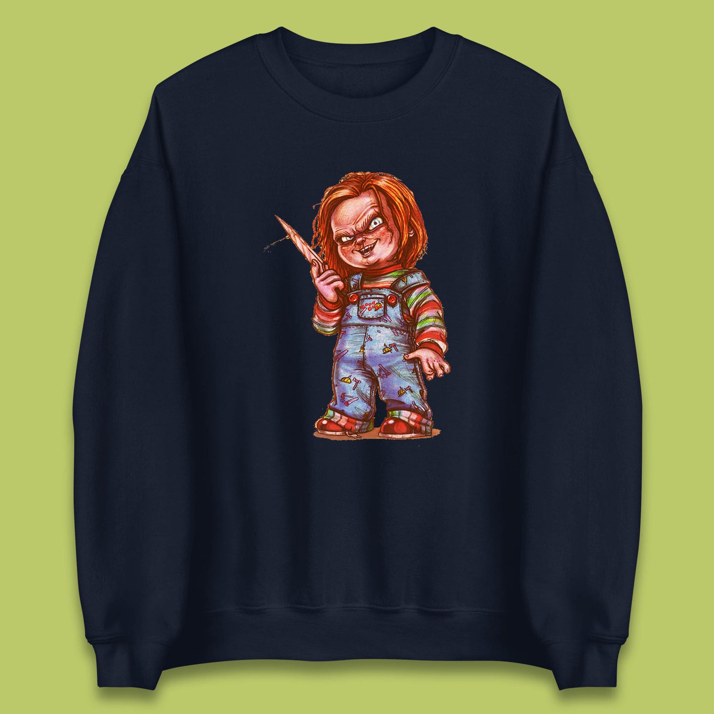 The Horror Movie Character Chucky With Knife Serial Killer Halloween Horror Movie Inspired Chucky Unisex Sweatshirt