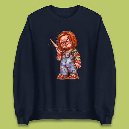 The Horror Movie Character Chucky With Knife Serial Killer Halloween Horror Movie Inspired Chucky Unisex Sweatshirt