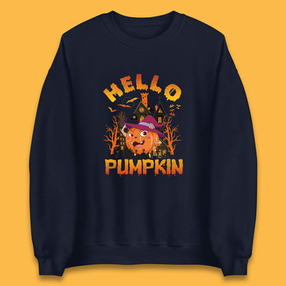 Hello Pumpkin Cartoon Halloween Pumpkin With Witch Hat Devil Smile Haunted Castle Unisex Sweatshirt
